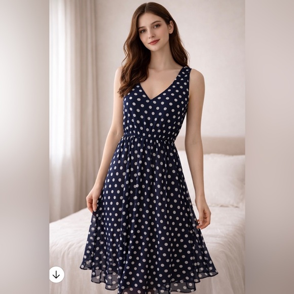 Kismet Dresses & Skirts - Vintage Inspired-Kismet Navy and White Polka Dot Sleeveless Midi Dress
